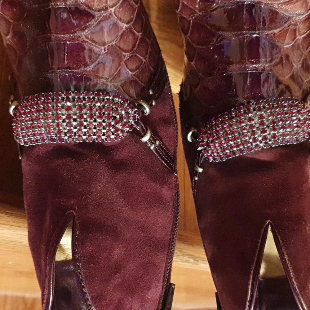Rich burgundy Unique leather/suede stunning  ankle boots with Swarowsky crystals